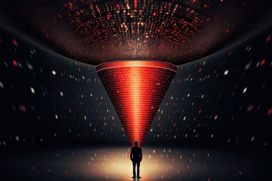 Man standing under a funnel processing digital information and data - Powered by Adobe