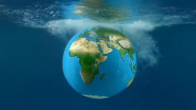 Planet Earth in the form of a globe in transparent water with splashes. Concept of eco frien.