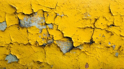 Close-up of textured cracked yellow paint peeling from surface