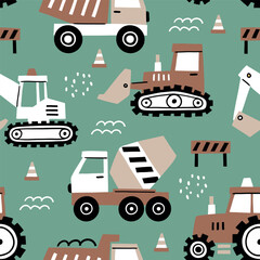 Seamless vector pattern cute construction trucks. Hand drawn design for boys with tiny cars. Perfect for textile, wallpaper or nursery print design. EPS10 vector file.