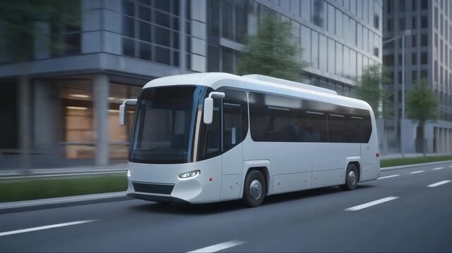Sleek futuristic public transit vehicle traveling down a city street, surrounded by modern 
