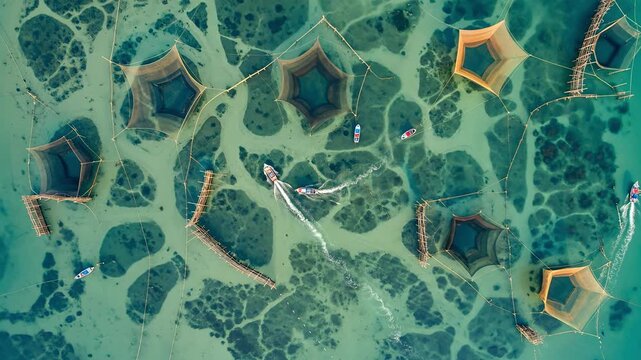 Aerial view of fishing nets in shallow turquoise waters with boats navigating around intricate structures and marine life in a coastal setting