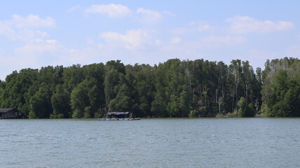 Serene lakeside scene, lush green trees lining calm water, ideal for relaxation or nature-themed projects with ample text space.