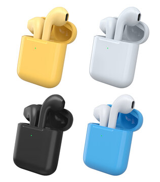 Set of wireless earbuds in charging cases shown isolated on white background, representing modern audio technology
