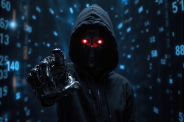 Black AI robot with glow red eyes pointing, pushing & gesturing with digital technology background