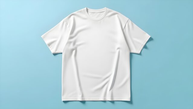 Blank white oversized short sleeve t-shirt mockup displayed flat lay style against a solid light blue background perfect for branding and graphic design overlays on apparel mockups