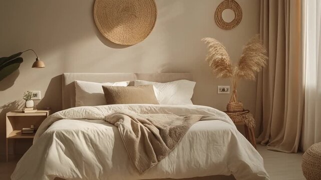 stylish eco friendly bedroom interior in beige tones