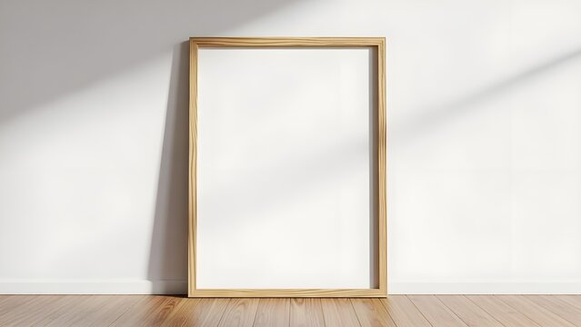 Blank vertical wooden picture frame mockup leaning against a clean white wall showcasing natural light and shadows casting soft diagonal patterns across the empty space perfect for artwork display.