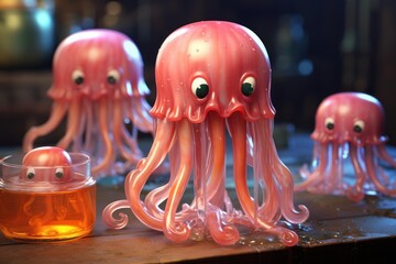 Pink anthropomorphic glass jelly figurines standing on a wooden surface with liquid