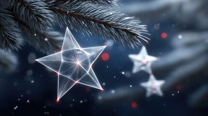 Modern wireframe star ornament hangs on a frosty spruce branch against a dark bokeh background capturing a futuristic winter holiday