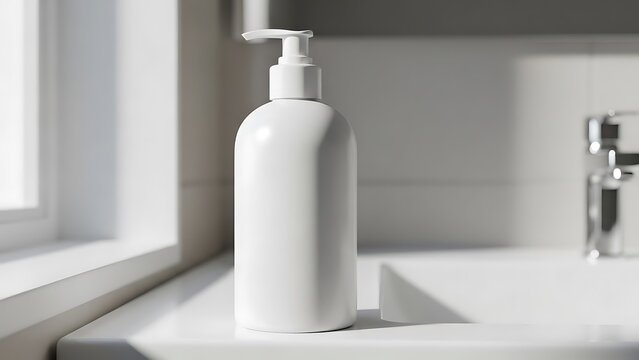 White pump dispenser bottle standing on a bright bathroom sink ledge