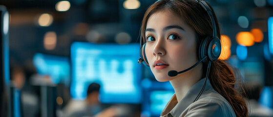 A professional call centre operator wearing headphones works intently at a computer, conveying an atmosphere of responsibility and technological sophistication — the ideal visual backdrop 