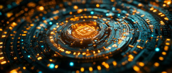 A luminous microprocessor with concentric circles and digital elements illustrates progress in the IT industry and is ideal as a technical backdrop for presentations on the future of technology.