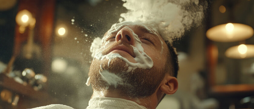 The razor glides over the stubble, and foam splatters from the client's face in the barber shop, demonstrating the shaving process &mdash; a successful practical backdrop 