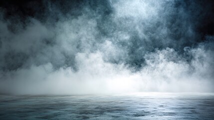 Misty smoky fog rising over reflective water surface in dark atmosphere
