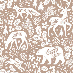 Seamless vector pattern with woodland animals, tree, berry and leaves. Hand drawn illustration of wildlife and nature. Perfect for textile, wallpaper or print design.