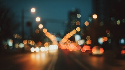 Blurred city street with bokeh lights and night traffic scene