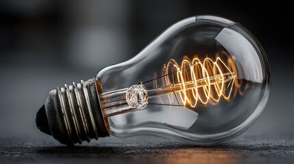 Close up of vintage incandescent light bulb with glowing spiral filament resting on dark surface. Symbol of creativity and engineering.