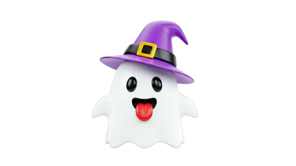 Cute 3D Ghost Wearing a Purple Witch Hat with Tongue Out