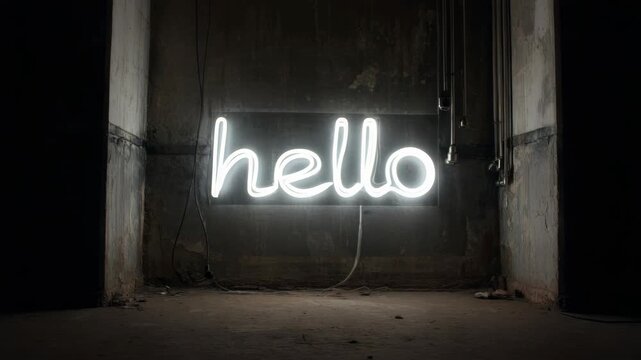 Neon "hello" sign in dark industrial setting with exposed wiring