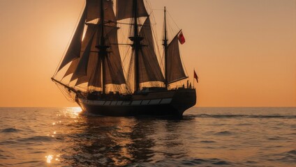 Fototapeta premium Majestic Tall Ship Sailing at Sunset - A Timeless Maritime Scene.