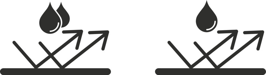 Waterproof and water-resistant icon set representing protection against liquid and moisture. Ideal for product features, technology labels, safety symbols, and industrial graphics.