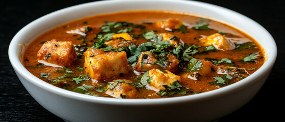 This fragrant dish with pieces of paneer in a thick sauce, garnished with herbs, is ideal for a food blog as an appetising background.