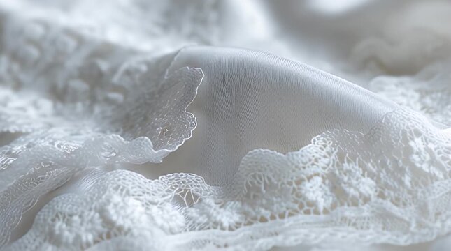 White fabric with delicate lace overlay. Soft, dreamy, and ethereal. Close-up of intricate texture and subtle shadows