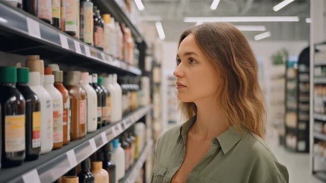 Woman faces shelves of natural hair care bottles in minimalist eco store. Considers organic .