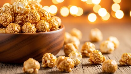 Delicious golden caramel popcorn fills a rustic wooden bowl against a warm background featuring soft orange bokeh lights suggesting a festive celebration or cozy movie night treat.