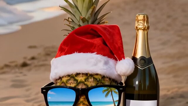 Pineapple wears a Santa hat and reflective sunglasses on a sunlit beach with a chilled bottle of champagne nearby. The blurred sky and sand provide empty space for text and seasonal branding in the co