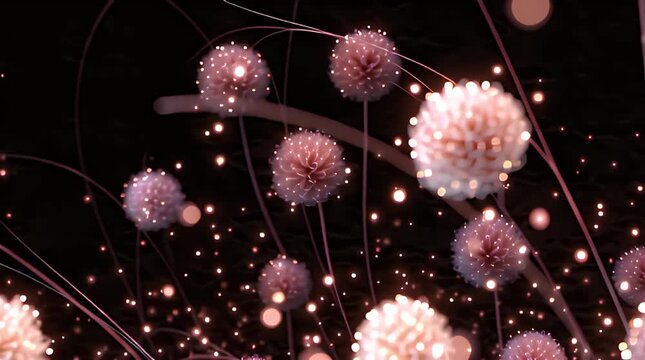 Soft, light-pink, flower-like shapes float against a dark backdrop sprinkled with tiny, glowing, orange orbs