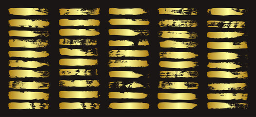 Golden brush strokes, lines, ink smudges, hand-drawn scribble shapes. Handmade sketchy marks, acrylic stains, charcoal streaks. Paint textures, dry brush effect. Marker underline. Vector illustration.