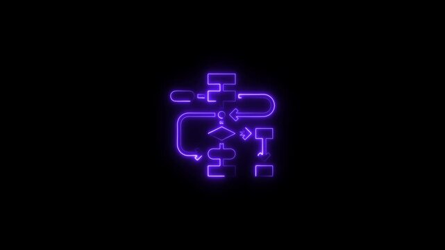 Neon flowchart diagram glowing purple flowchart symbols and arrows on black background