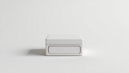 An image of a modern, minimalist electronic device, which appears to be a product like a wireless speaker, sitting on top of a sleek, white surface against a plain, light colored background.