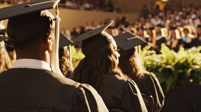 Graduates in caps and gowns at a ceremony with audience in the background