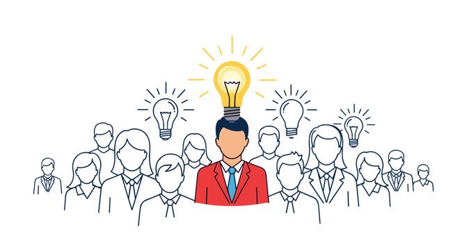 Group of business people icons with one central leader having a glowing lightbulb over his head symbolizing a great idea.