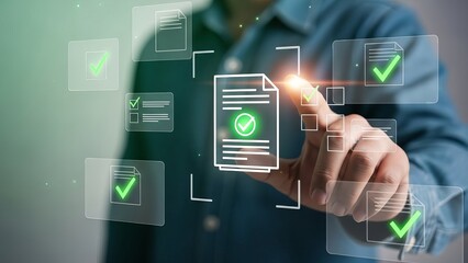 Businessman interacting with digital documents and checkmarks on virtual interface
