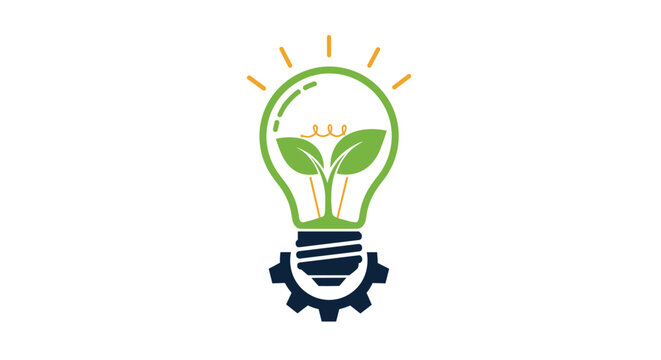 Eco-friendly lightbulb icon with a green plant inside and a dark gear at the base symbolizing sustainable technology.