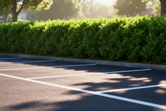 Parking Lot with Green Hedges and Trees