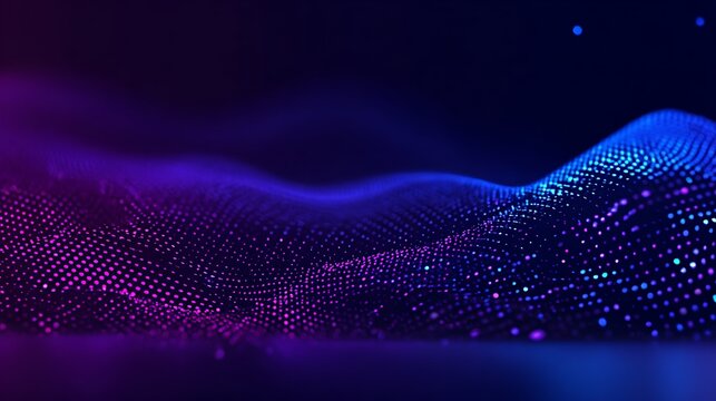 Purple and blue gradient particle waves with bokeh. Neon futuristic digital waves. Big data, engineering, innovations, artificial intelligence, and abstract technology background.