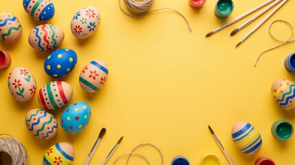 painted easter eggs, brushes and paints arranged as frame on yellow background. diy craft concept. holiday celebration decoration. greeting card, banner, website header with copy space.