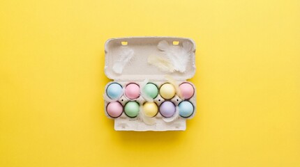 open carton box with colorful pastel eggs and white feathers on yellow background. easter celebration and spring holiday concept. diy craft. greeting card, banner with copyspace.