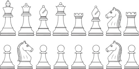 Minimalist vector set of white chess pieces. Complete collection with king, queen, rooks, bishops, knights, and pawns arranged neatly in a single clean illustration.eps