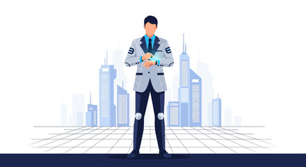 Illustration of a humanoid robot in a futuristic city setting showcasing technological advancement