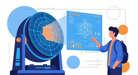 Illustration of data analysis with radar technology and user interaction exploring complex datasets