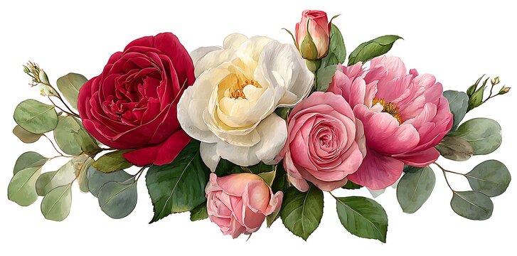 Watercolor floral seamless border green leaves, burgundy maroon pink peach blush white flowers leaf branches. Wedding invitations, greetings wallpapers, fashion, prints. Eucalyptus, olive, rose, peony