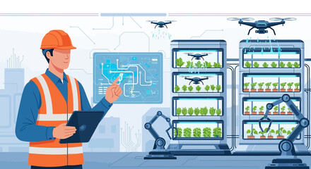 Illustration showcasing innovative and technologically advanced urban farming techniques and