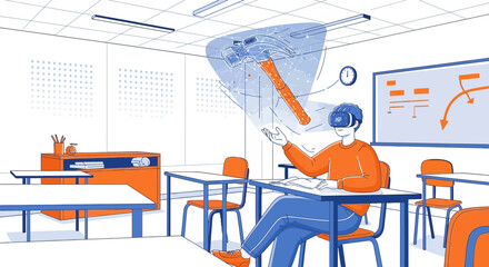 Immersive Learning A student in a classroom wearing VR Headset experiencing virtual reality