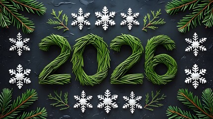 Wintry New Year Composition Featuring Pine Branches and Glittery Snowflakes on Dark Background